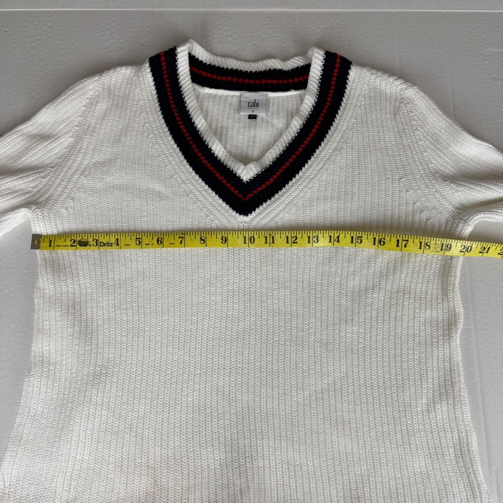 Cabi Ace hite Shaker Stitch V-Neck Pullover Sweater Striped Trim 5639 Small - Picture 6 of 10